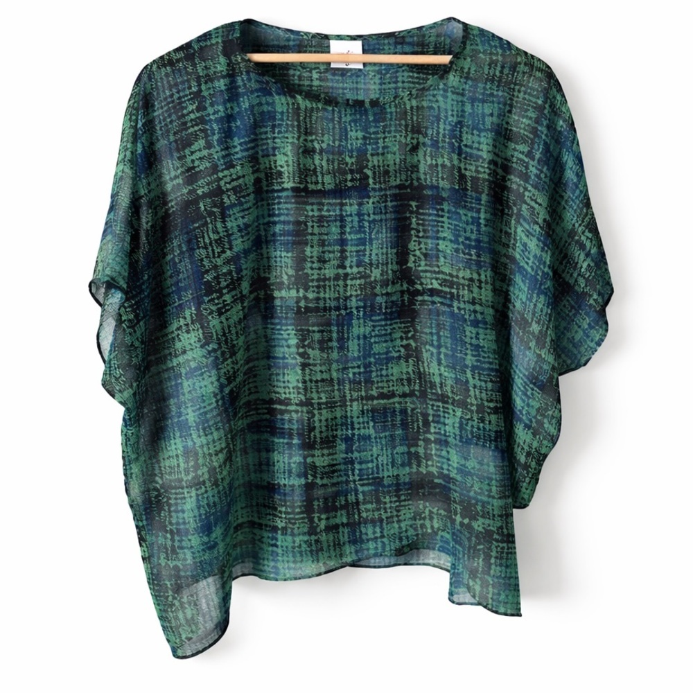 CABI Blue Green Chiffon Blouse Asymmetrical Hem Double Layer Medium